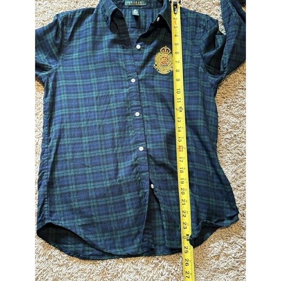 Lauren Ralph Lauren Womans Blue Plaid Flannel Shirt Large Emblem Crest Patch XS - Picture 7 of 8